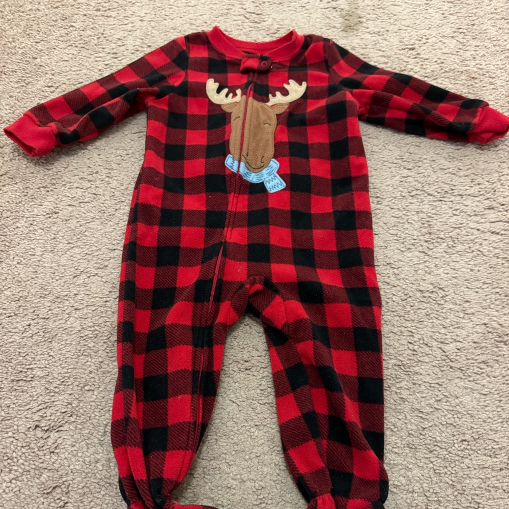 Carter's Red and Black Plaid Moose Footie